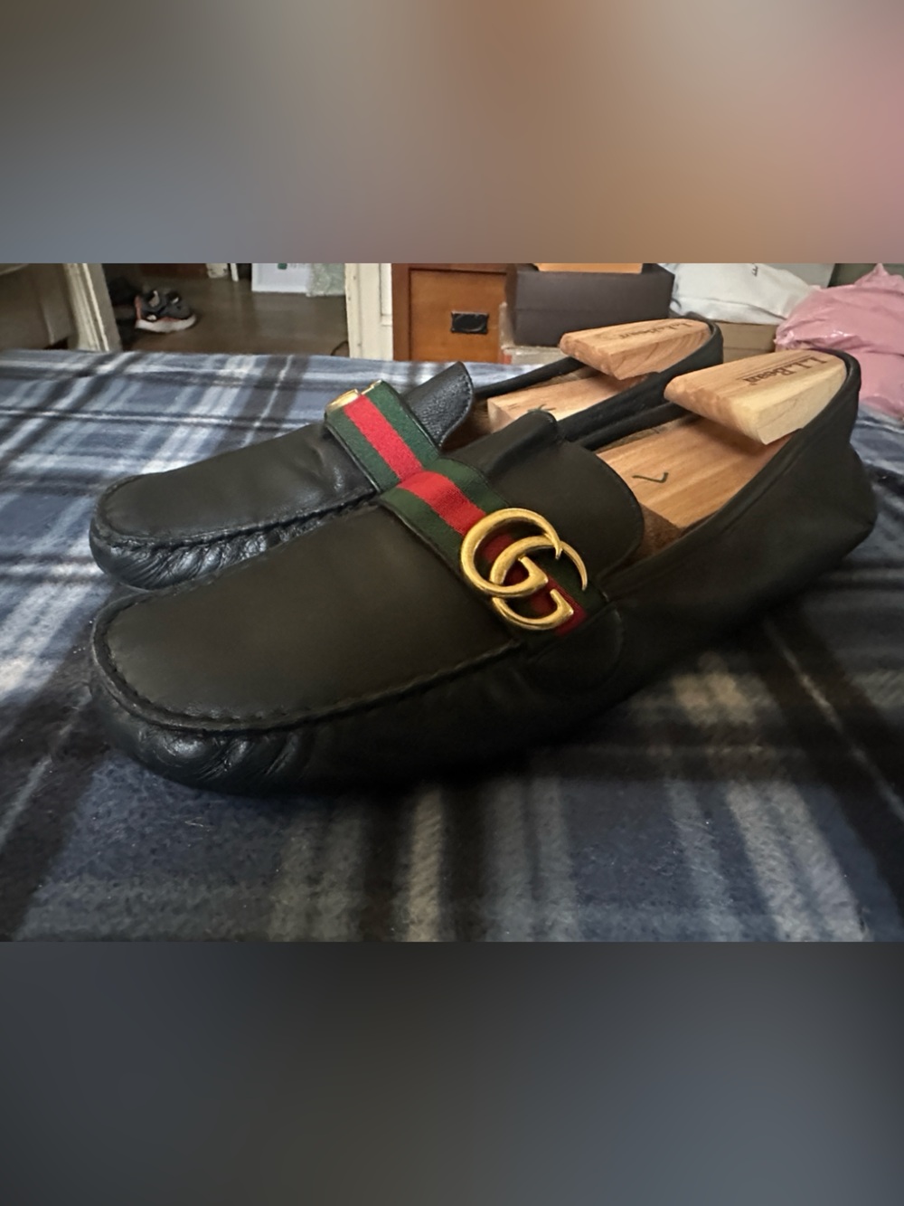 Gucci GG Gold Detail Web Red Green Black Leather Men's Slip on Loafers Size 12 G